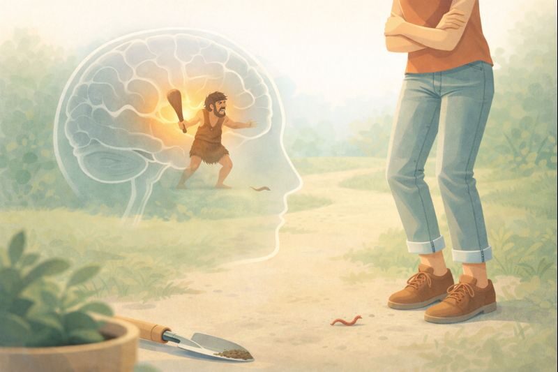 Illustration showing brain fear response to a worm with caveman brain and amygdala highlighted Creature Courage
