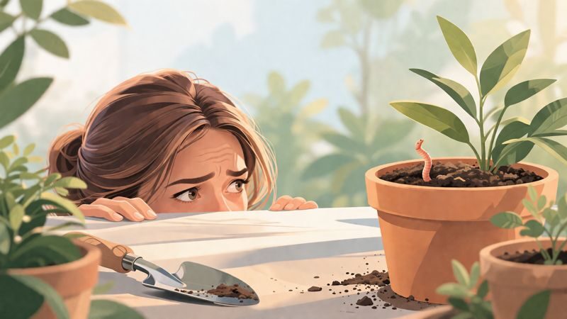 Woman cautiously looking at a worm in a plant pot while gardening Creature Courage