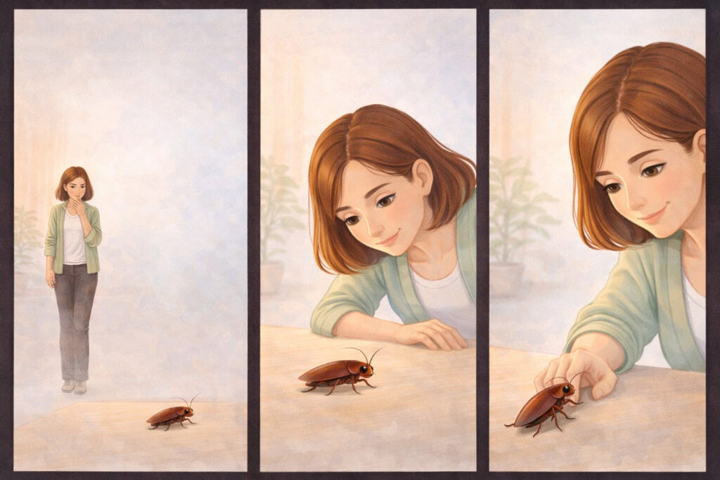 Step by step exposure therapy showing woman gradually approaching and touching a cockroach to overcome animal phobia Creature Courage