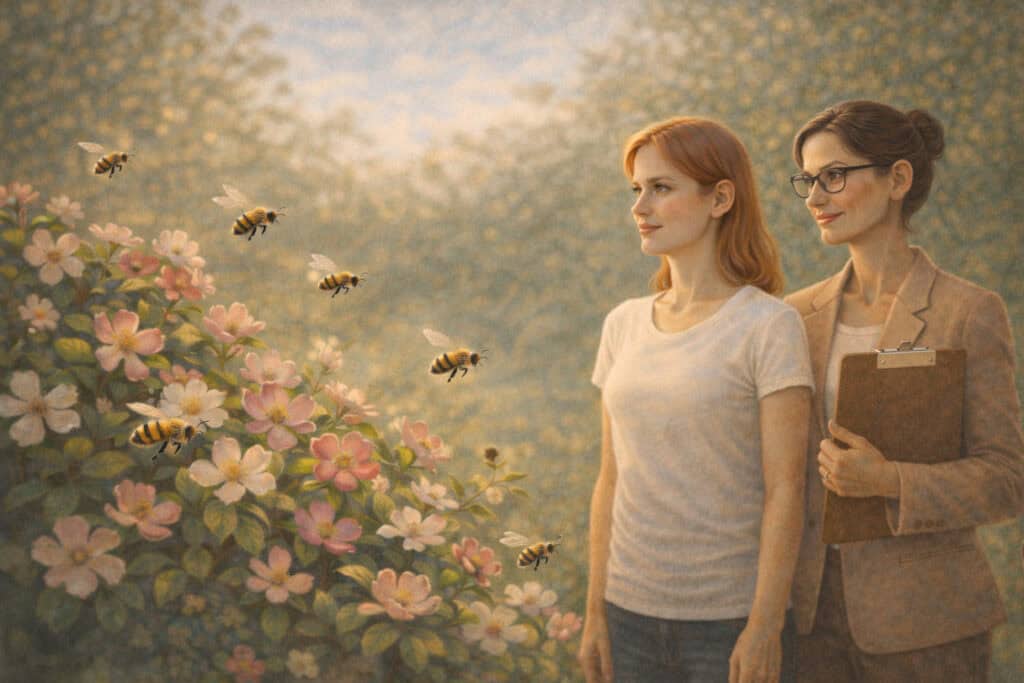 Woman facing fear of bees with therapist support during exposure therapy in a natural setting Creature Courage