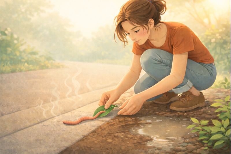 Woman gently moving a worm from hot pavement to soil using a leaf Creature Courage