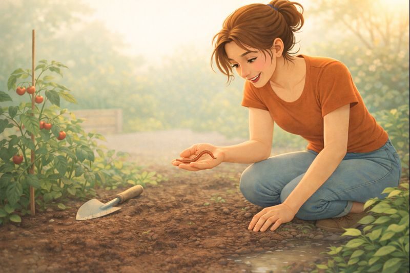Woman smiling while gently holding a worm in her hand in a garden Creature Courage