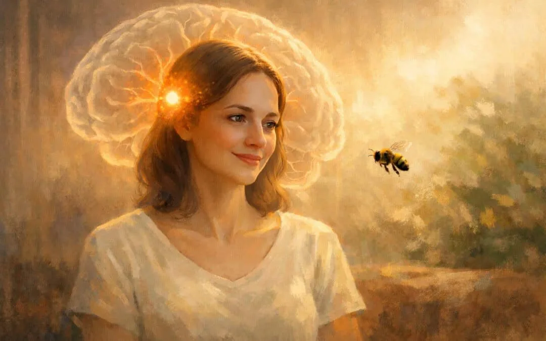 Holistic approach to animal phobias showing calm brain response and relaxed woman with a bee nearby Creature Courage