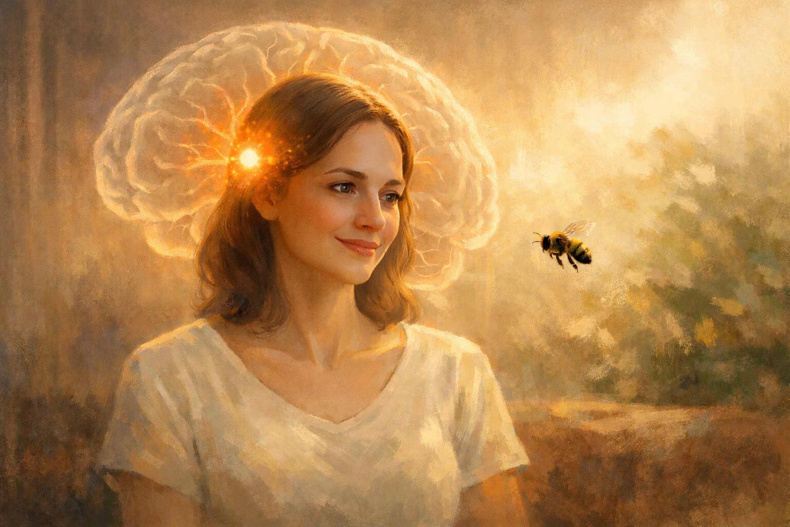 Holistic approach to animal phobias showing calm brain response and relaxed woman with a bee nearby Creature Courage