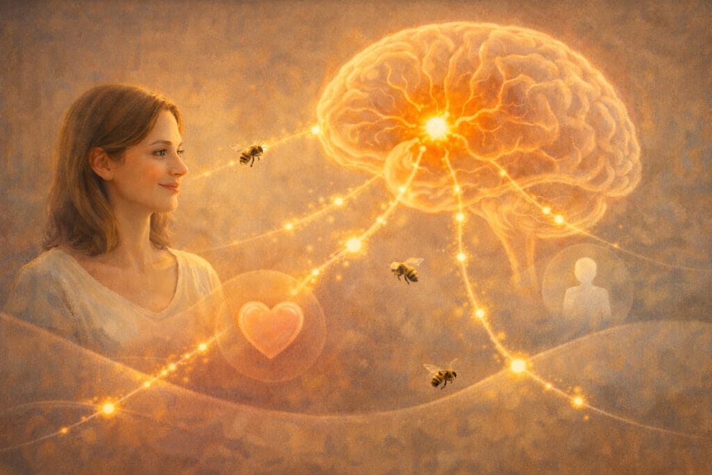 Holistic approach to animal phobias showing glowing brain with connected pathways and calm emotional response Creature Courage