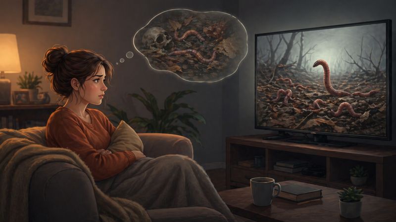 Woman watching TV showing negative portrayal of worms influencing fear Creature Courage