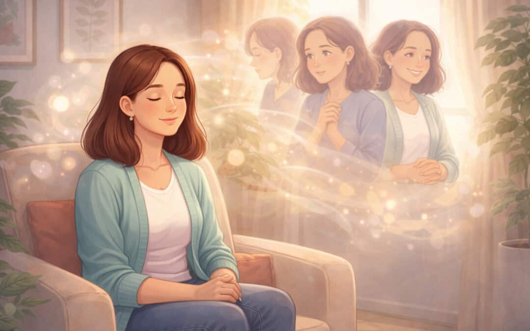 Woman in hypnotherapy visualising calm interaction with animals using guided imagery technique Creature Courage