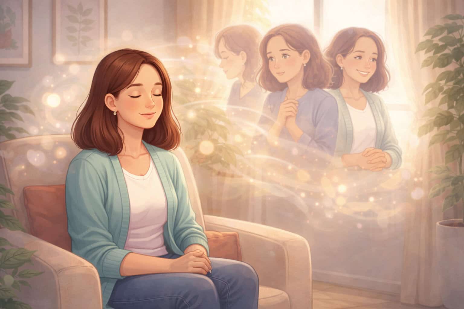 Woman in hypnotherapy visualising calm interaction with animals using guided imagery technique Creature Courage