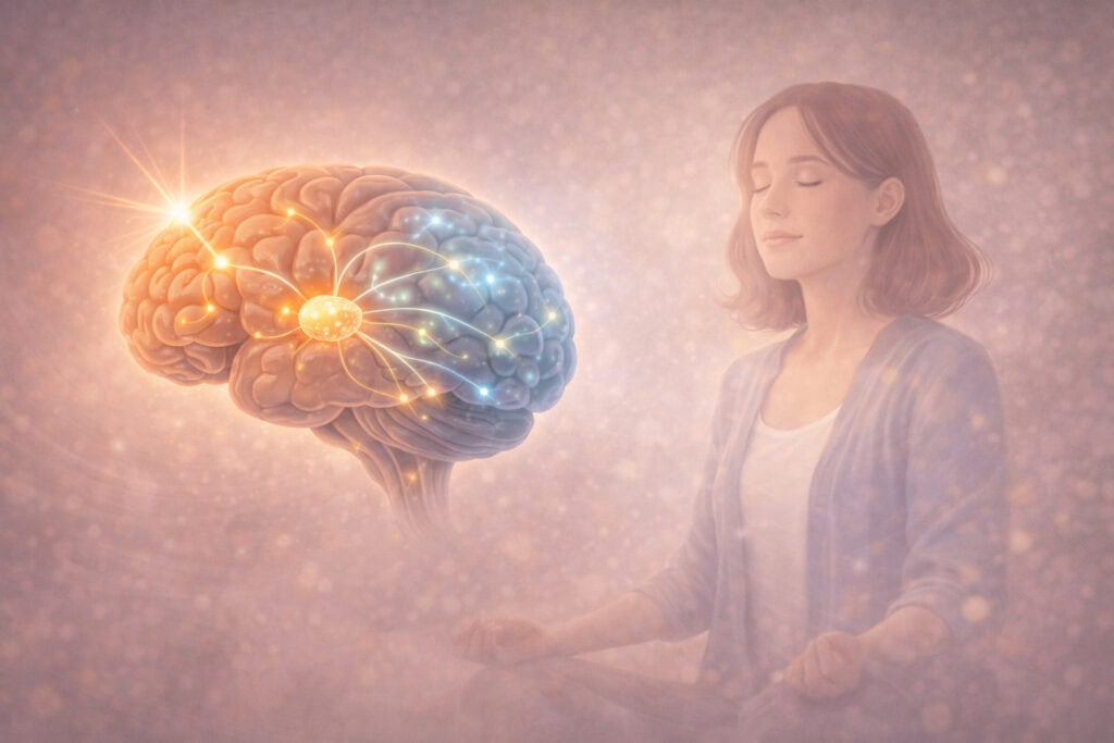 Illustration of brain activity during hypnotherapy showing attention perception and emotional regulation with meditating woman Creature Courage