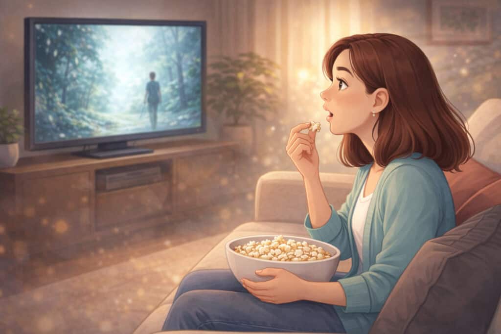 Woman watching TV in deep focus holding popcorn paused mid bite demonstrating natural hypnotic trance state Creature Courage