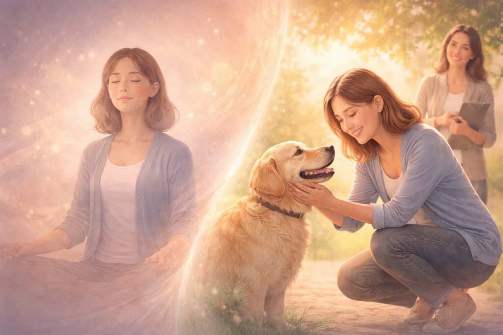Woman using hypnotherapy to prepare for exposure therapy then calmly interacting with a dog Creature Courage