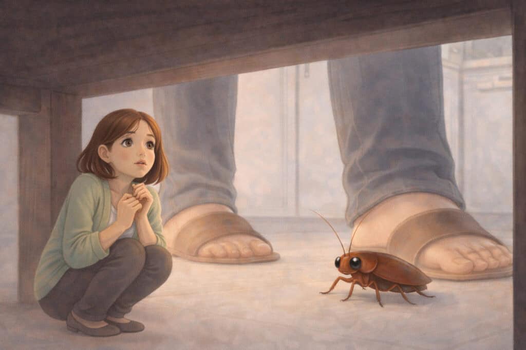 Woman imagining herself as a cockroach hiding from humans to build empathy and reduce animal phobia fear Creature Courage