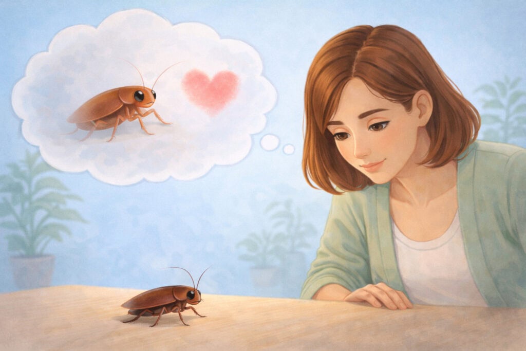 Woman using imagination exercise to view a real cockroach calmly while imagining a softer non-threatening version Creature Courage