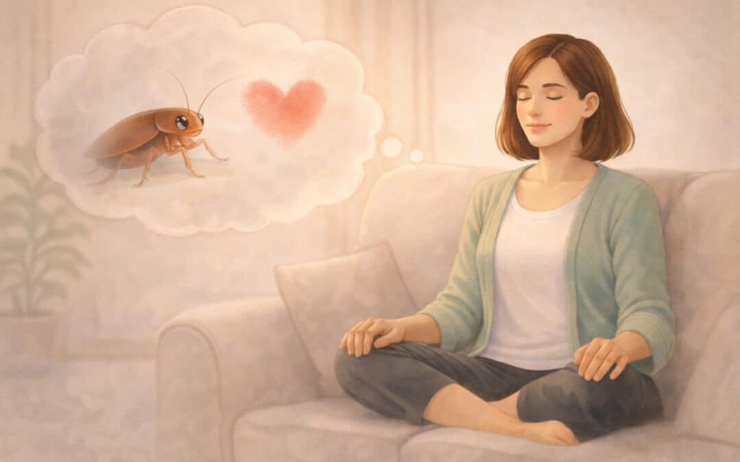 Woman practising imagination exercise meditation visualising a calm cockroach to overcome animal phobia Creature Courage