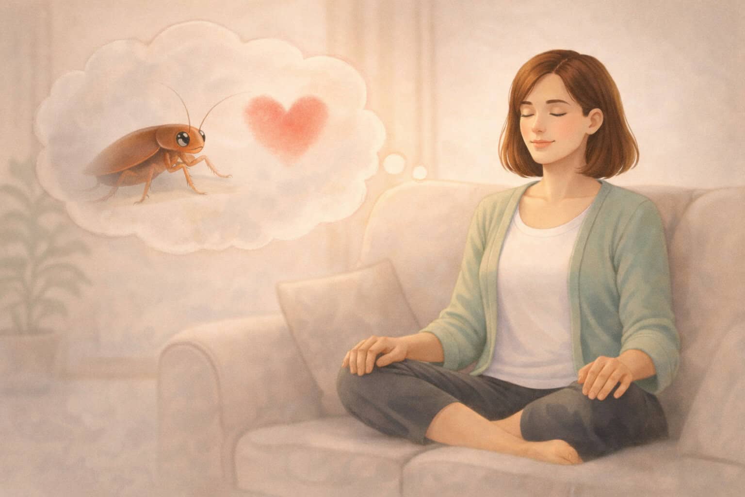 Woman practising imagination exercise meditation visualising a calm cockroach to overcome animal phobia Creature Courage