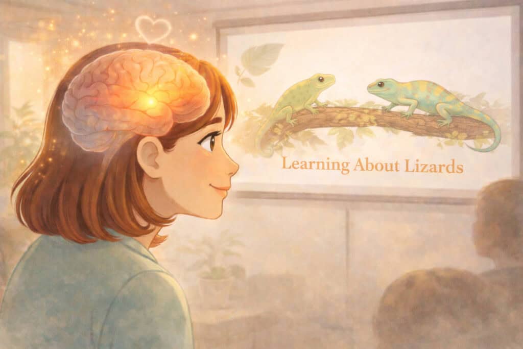 Woman learning about lizards with glowing brain showing reduced fear and increased curiosity and compassion Creature Courage