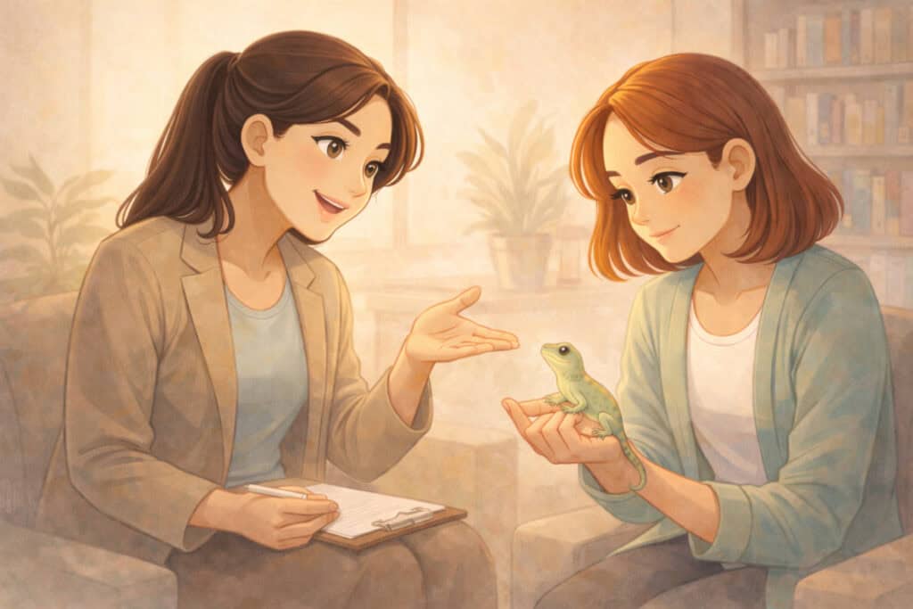 Therapist gently guiding a client holding a small lizard during animal phobia therapy session Creature Courage