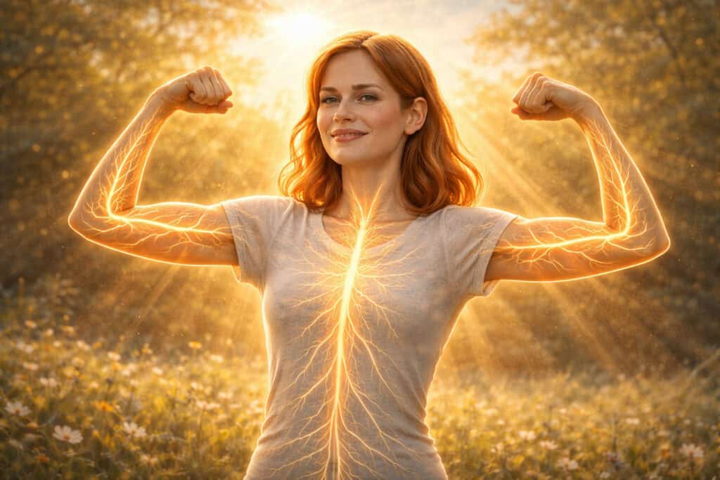 Woman confidently flexing arms with glowing nervous system representing overcoming fear and anxiety Creature Courage