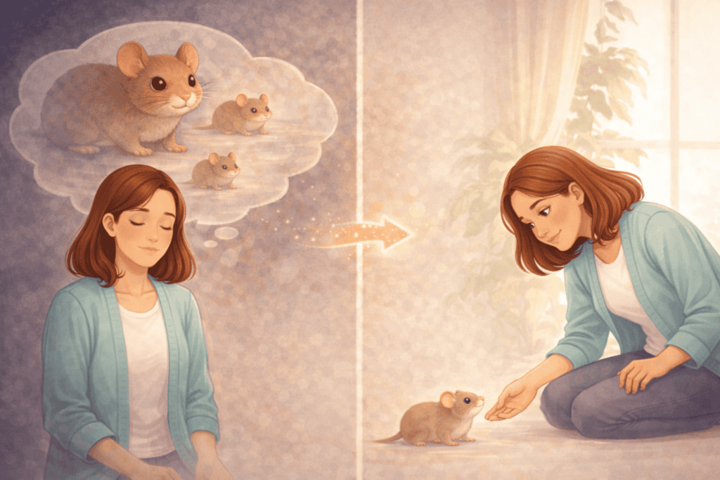 Illustration showing mental visualisation of a mouse leading to calm real-life interaction Creature Courage