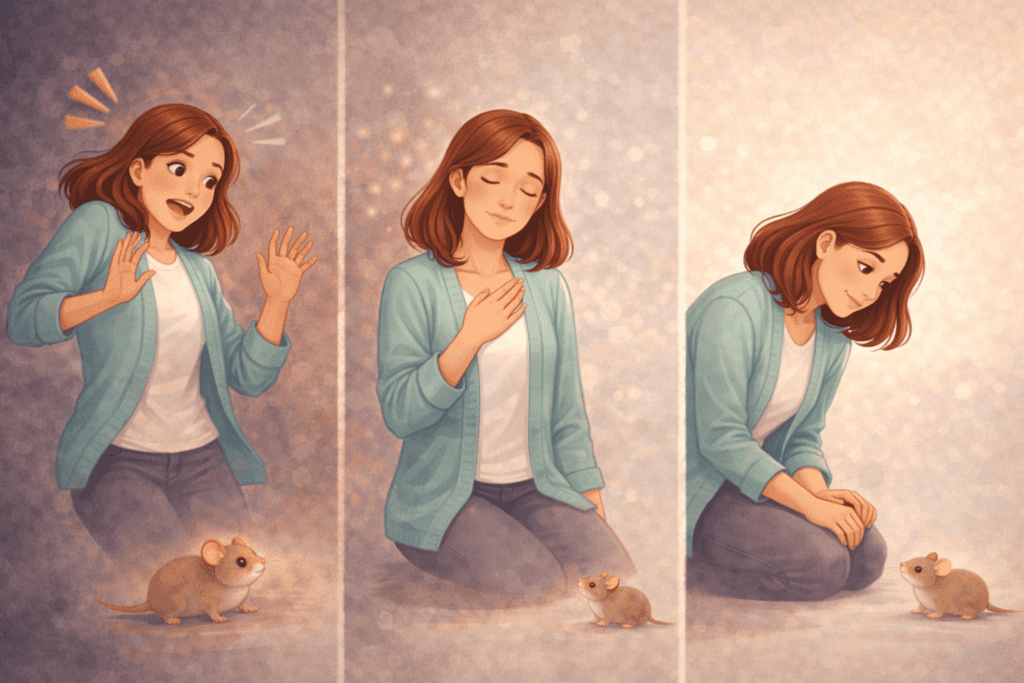 Three-step illustration showing fear response changing to calm curiosity using NLP techniques Creature Courage