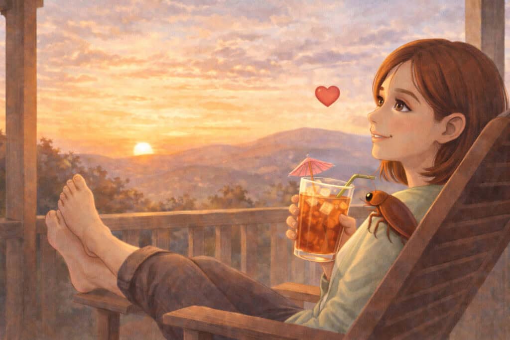 Woman relaxed with cockroach on shoulder after overcoming animal phobia through imagination and exposure Creature Courage