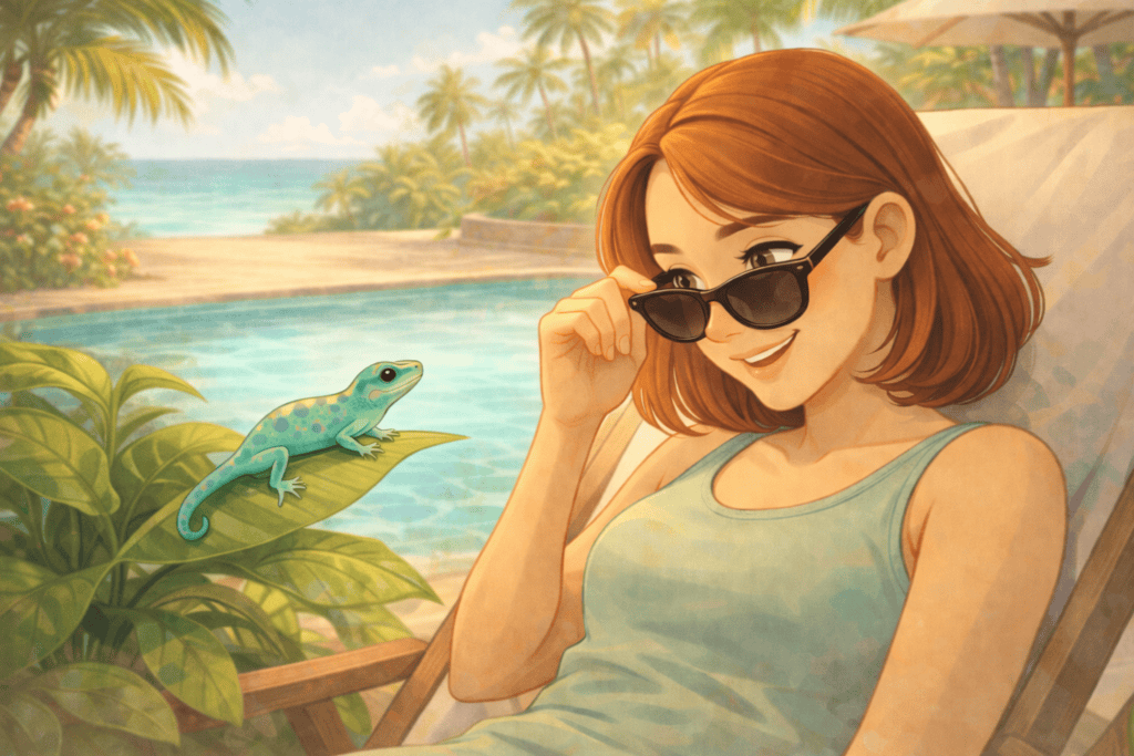 Woman relaxing by a pool smiling at a small blue-green lizard with calm confidence Creature Courage
