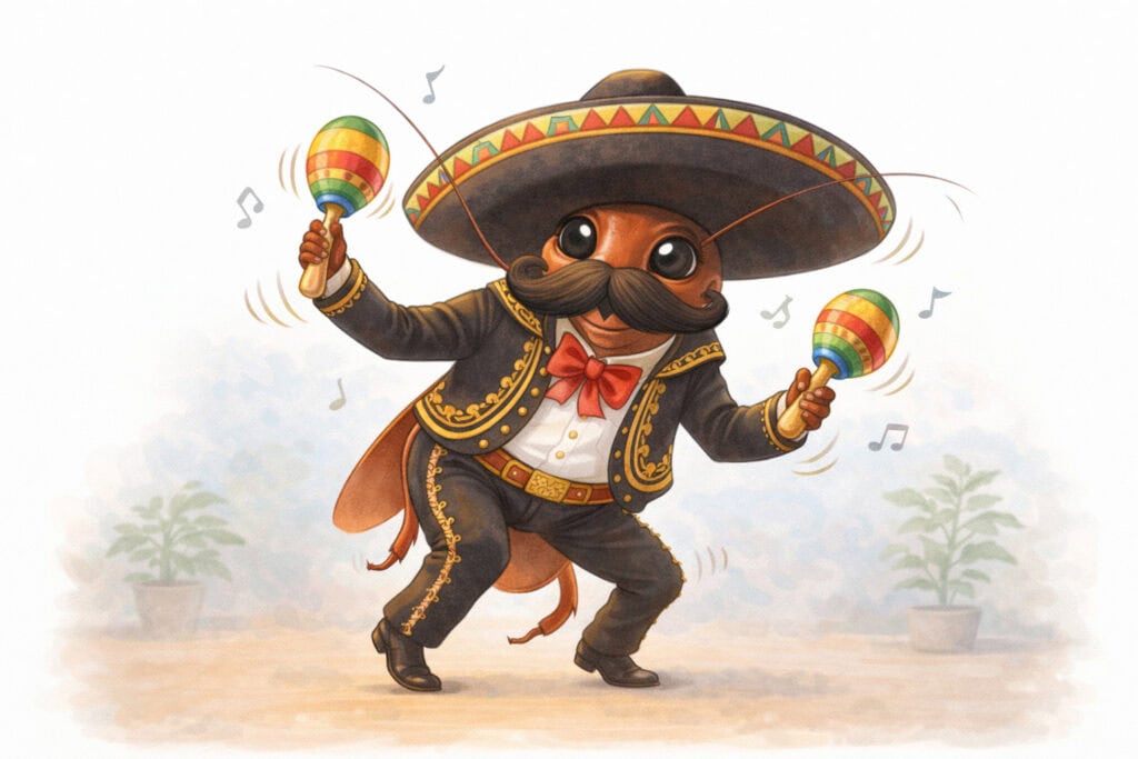Funny cockroach dressed as mariachi musician used in imagination exercise to reduce animal phobia fear Creature Courage