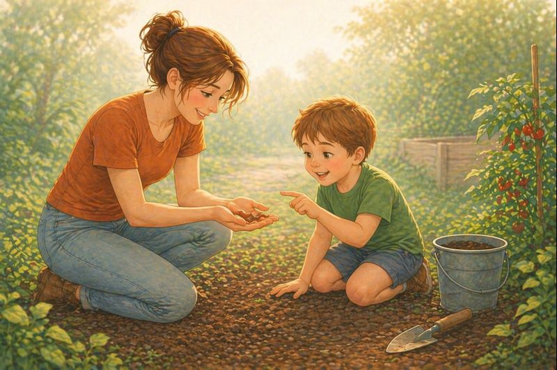 Woman showing a child a worm in a garden while both smile with curiosity and calm Creature Courage