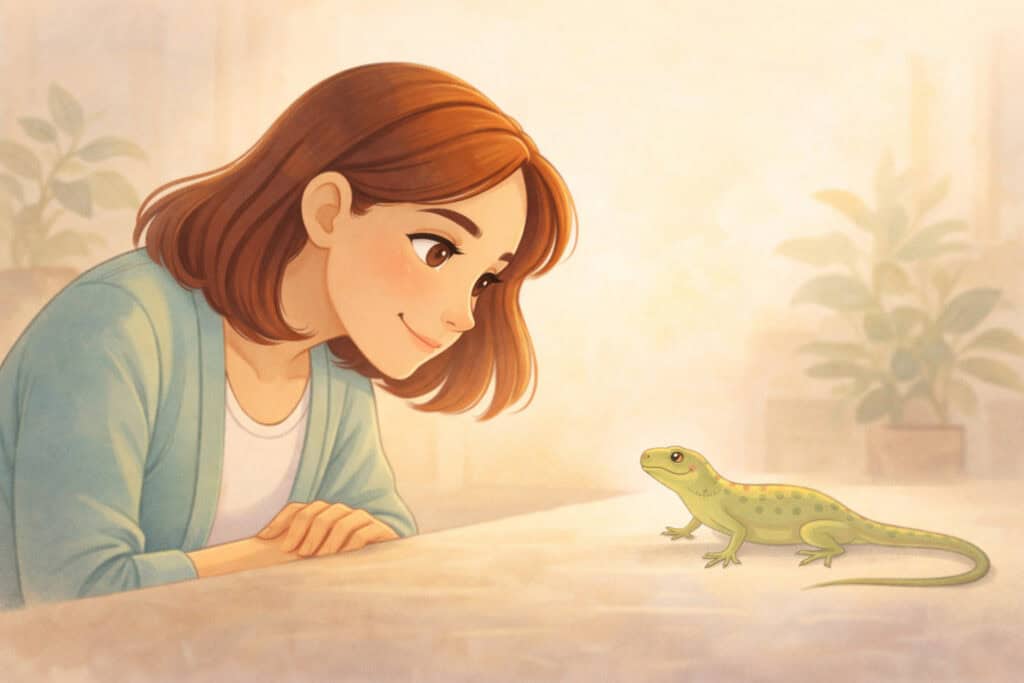 Woman calmly observing a small lizard to understand its behaviour and reduce fear Creature Courage