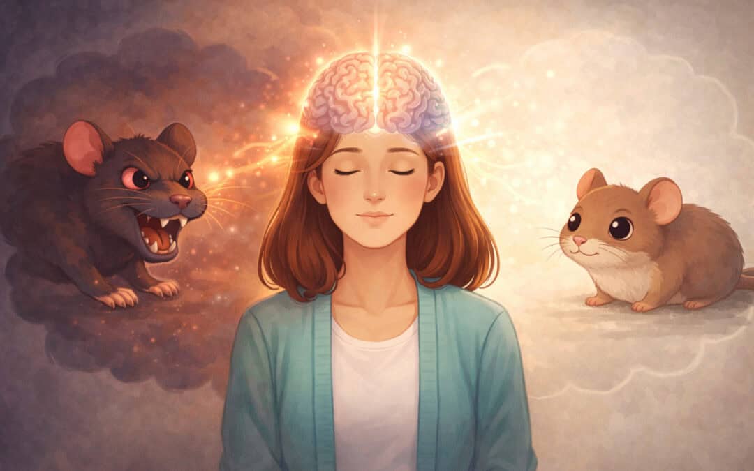 Illustration showing how NLP therapy changes fear perception from a scary to a calm animal Creature Courage