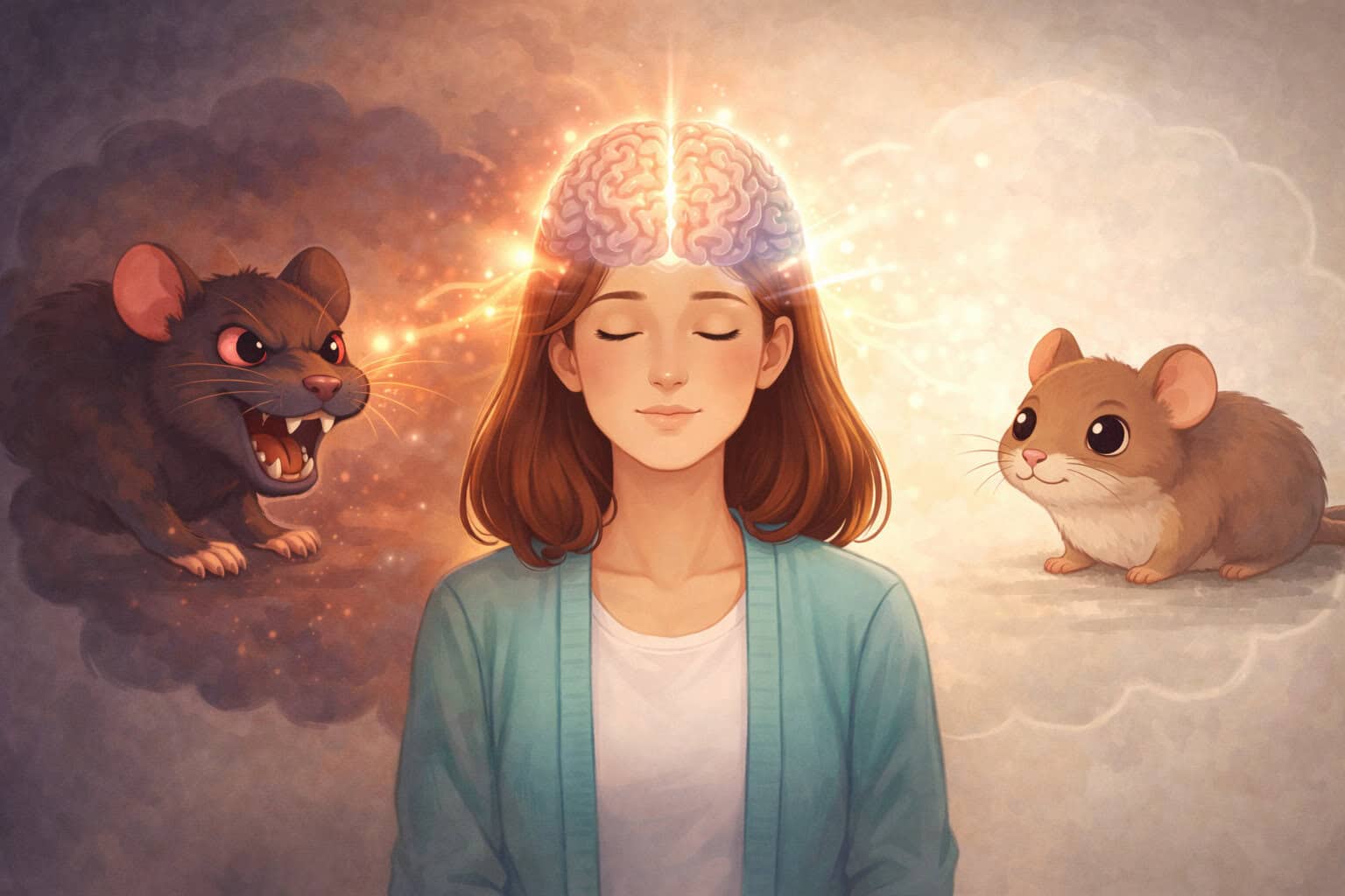 Illustration showing how NLP therapy changes fear perception from a scary to a calm animal Creature Courage