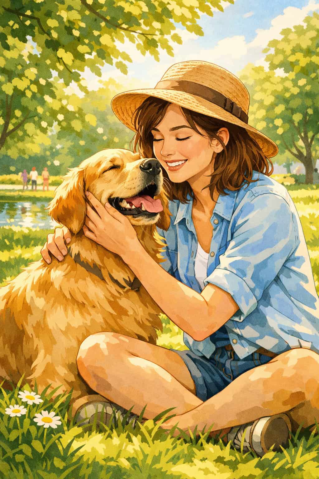 Woman calmly petting a friendly dog in a sunny park, representing overcoming fear of animals through positive interaction Creature Courage