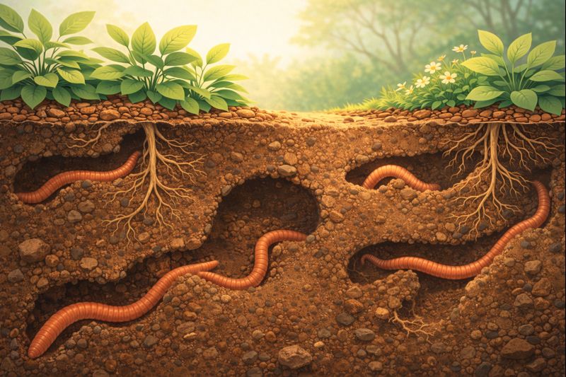Worms creating tunnels through soil around plant roots in a garden ecosystem Creature Courage
