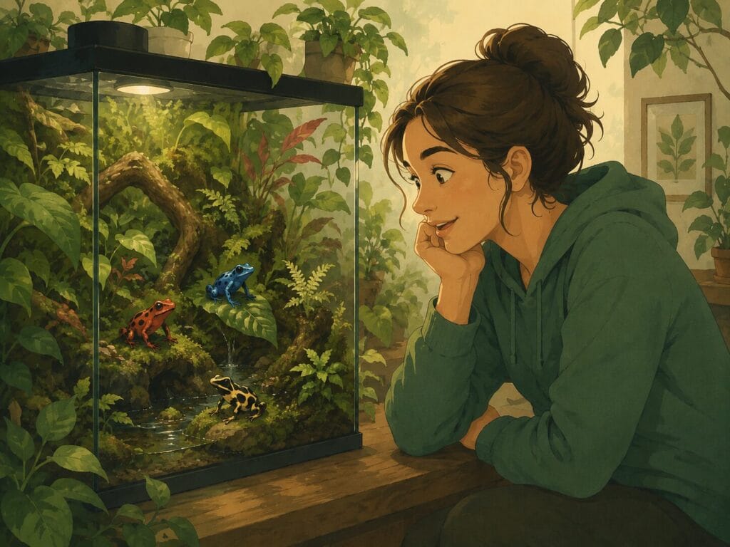 Woman watching colourful dart frogs inside a lush bioactive vivarium, illustrating fascination, appreciation and wonder for amphibians. Creature Courage