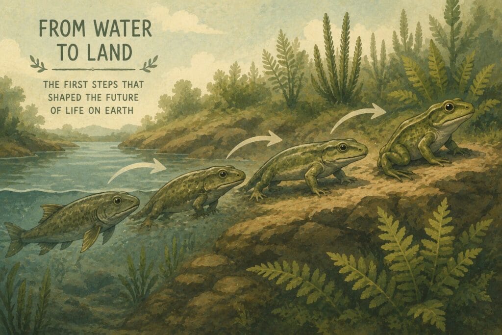 Editorial illustration showing early amphibian ancestors evolving from aquatic life and becoming some of the first vertebrates to move onto land Creature Courage