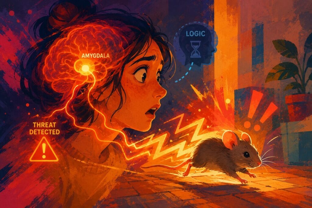 Abstract illustration showing the brain’s amygdala reacting to a fast-moving mouse in bright neuroscience-inspired colours Creature Courage