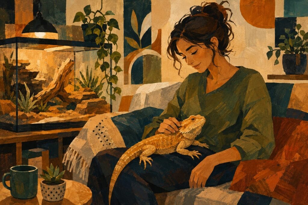 Woman relaxing with a pet bearded dragon on her lap in a cosy living room, illustrating the positive bond that can exist between people and reptiles. Creature Courage