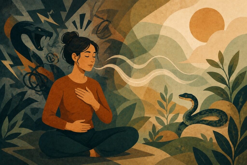 Stylised illustration of a woman calmly breathing near a snake representing nervous system regulation and overcoming ophidiophobia Creature Courage