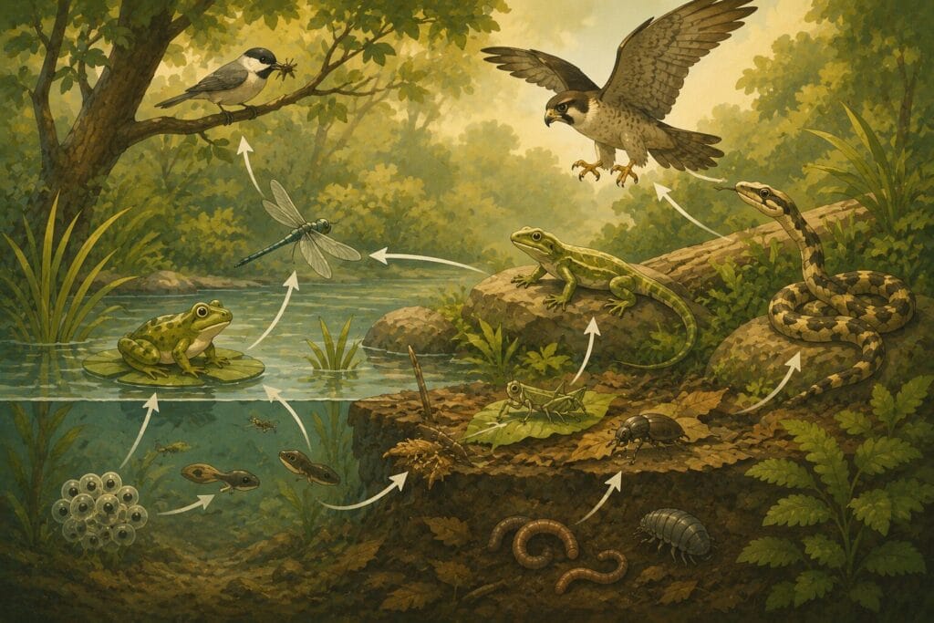 Illustrated pond ecosystem showing insects, frogs, lizards, snakes and birds connected through a natural food web, highlighting the ecological importance of reptiles and amphibians.