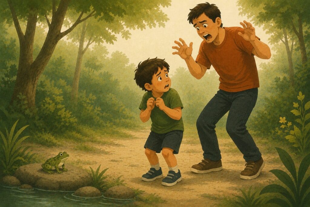Child copying a parent's fearful reaction to a harmless frog, illustrating how animal fears can be learned through observation during childhood. Creature Courage