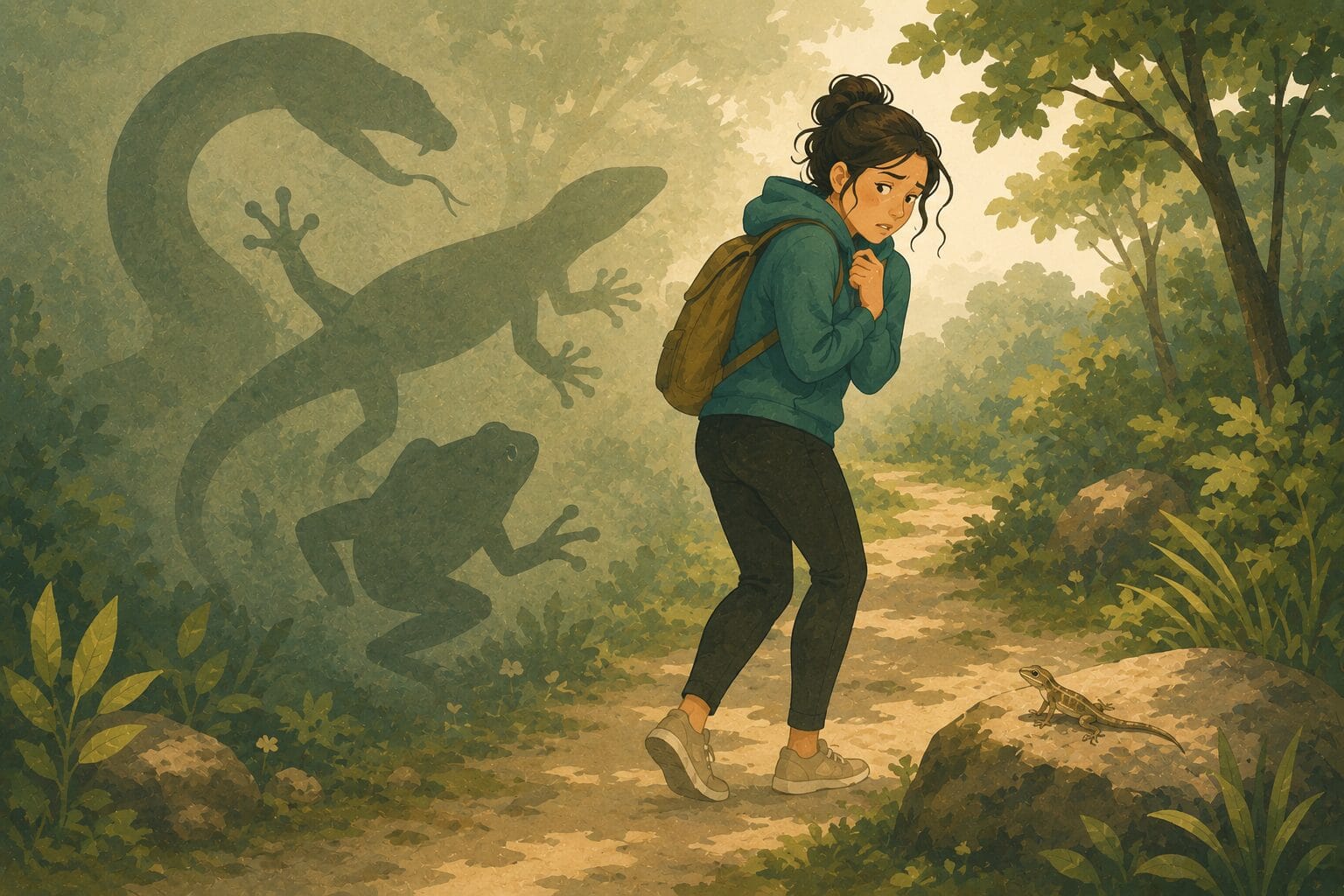 Woman reacts fearfully to a small lizard on a woodland path while imagined shadow shapes of reptiles and amphibians loom behind her, illustrating how herpetophobia can exaggerate perceived danger. Creature Courage
