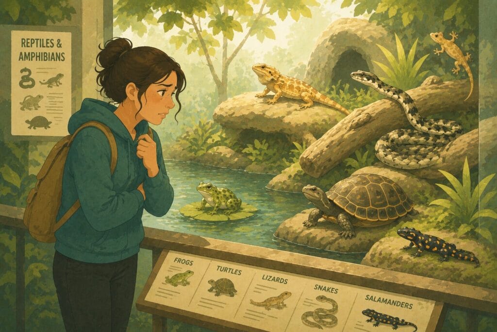 Woman with herpetophobia looking nervously into a reptile and amphibian exhibit containing a frog, turtle, lizard, salamander and snake at a zoo. Creature Courage