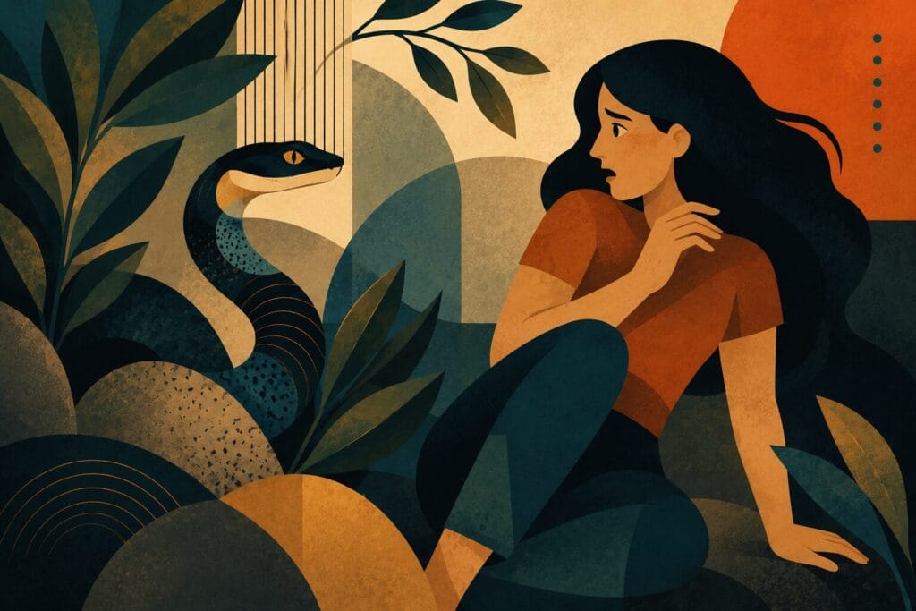 Woman reacting fearfully to a stylised snake in a modern editorial illustration representing ophidiophobia and the fear of snakes