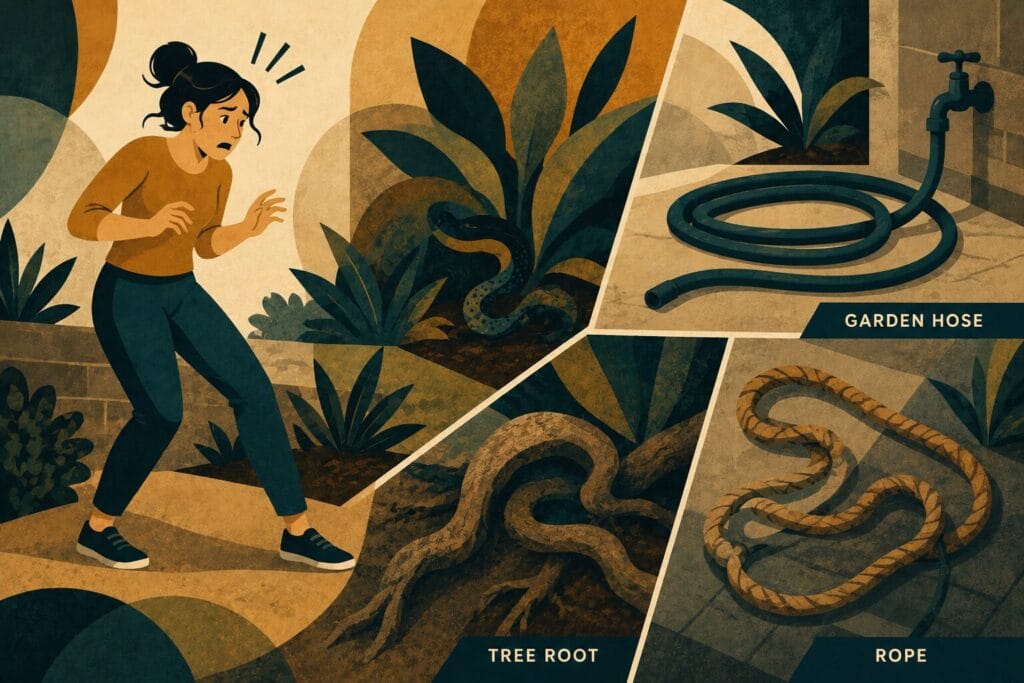 Stylised illustration showing a woman mistaking a garden hose, rope, and tree root for snakes, representing pattern recognition in ophidiophobia Creature Courage