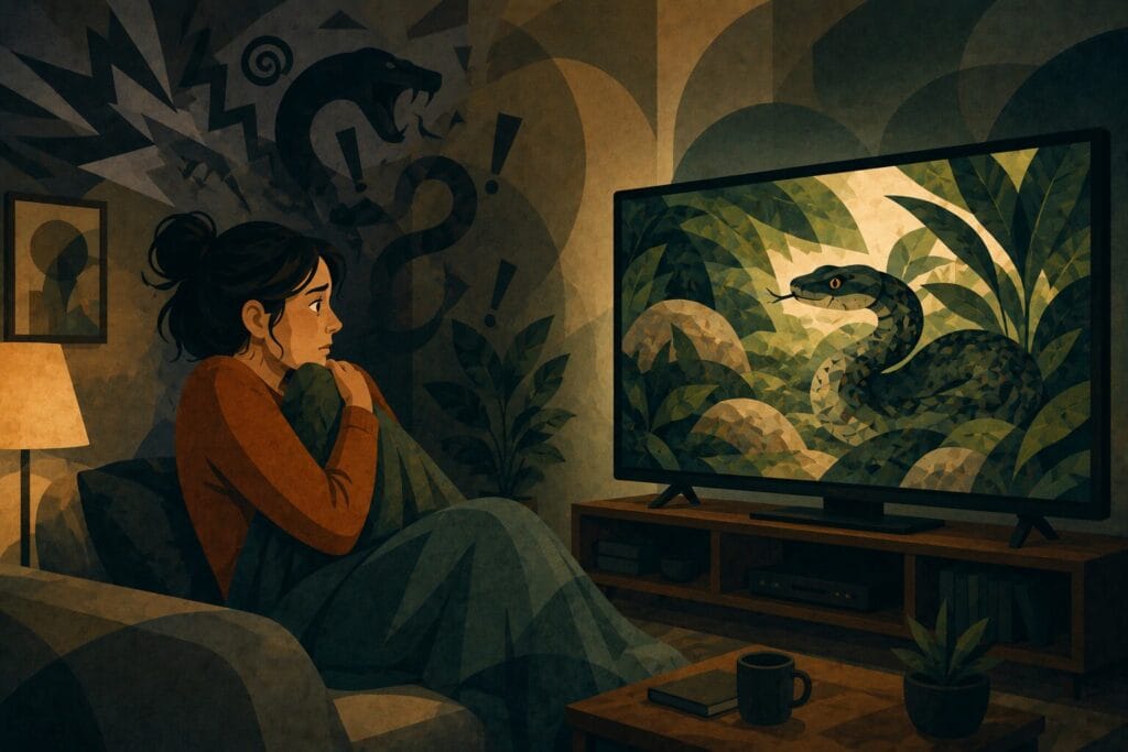 Stylised illustration of a woman reacting fearfully while watching a snake on television representing media-triggered ophidiophobia Creature Courage