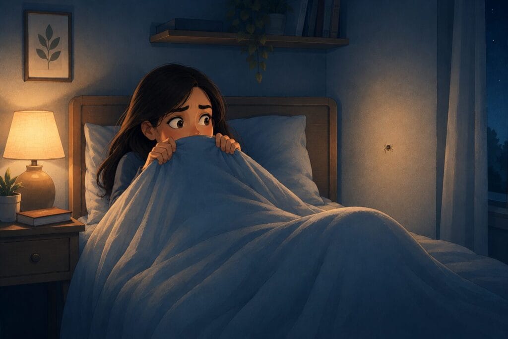 Woman hiding under duvet in fear while looking at a small spider on bedroom wall at night Creature Courage