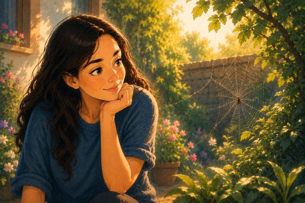 Woman smiling with fascination while observing a spider web in a sunny garden Creature Courage