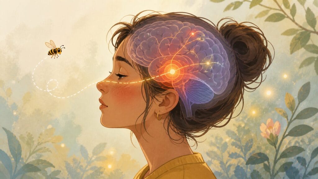 Illustration of brain response to a wasp showing amygdala activation in fear of wasps Creature Courage