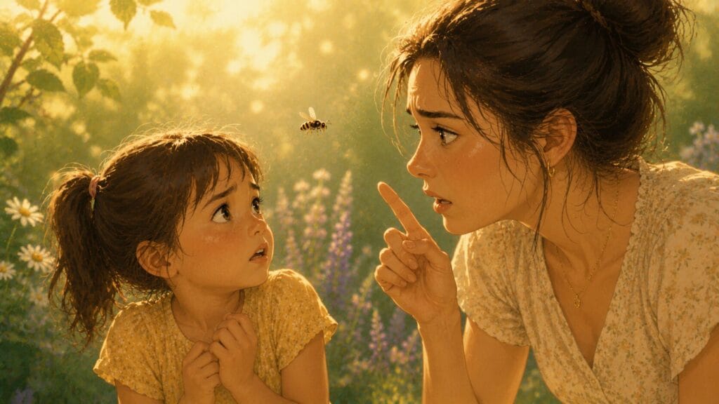 Young girl learning fear of wasps from an anxious adult reaction in a summer garden Creature Courage