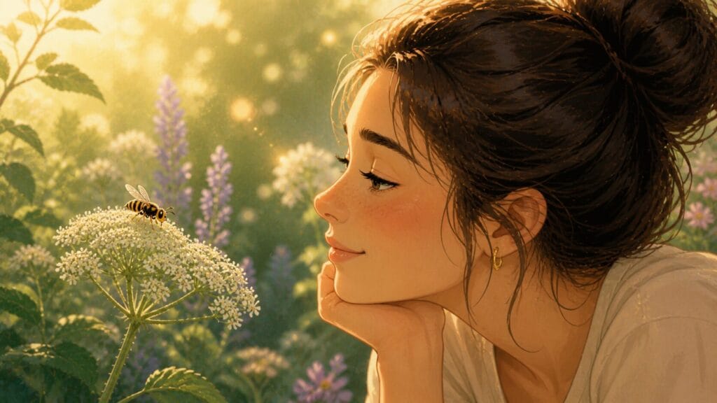 Woman calmly observing a small stylised wasp on a flower in a peaceful summer garden Creature Courage